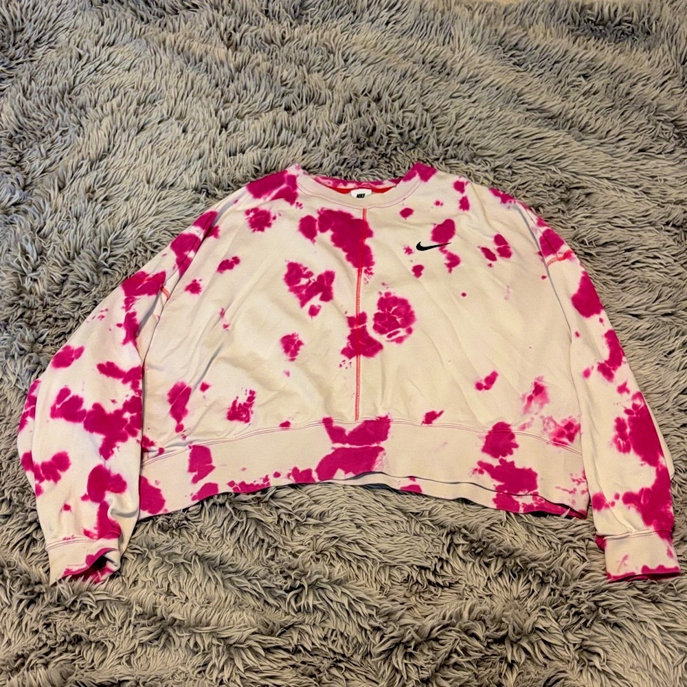 Nike Pink and White Tie-Dye Baggy Cropped Sweatshirt